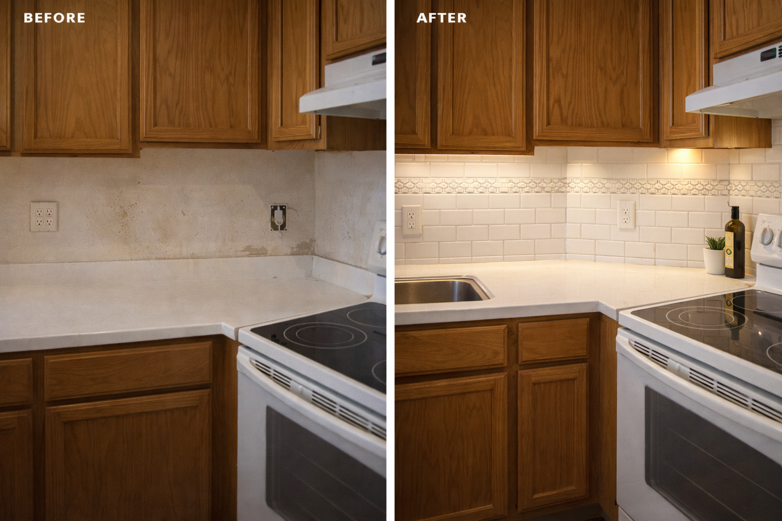 Backsplash installation before and after — Los Angeles kitchen