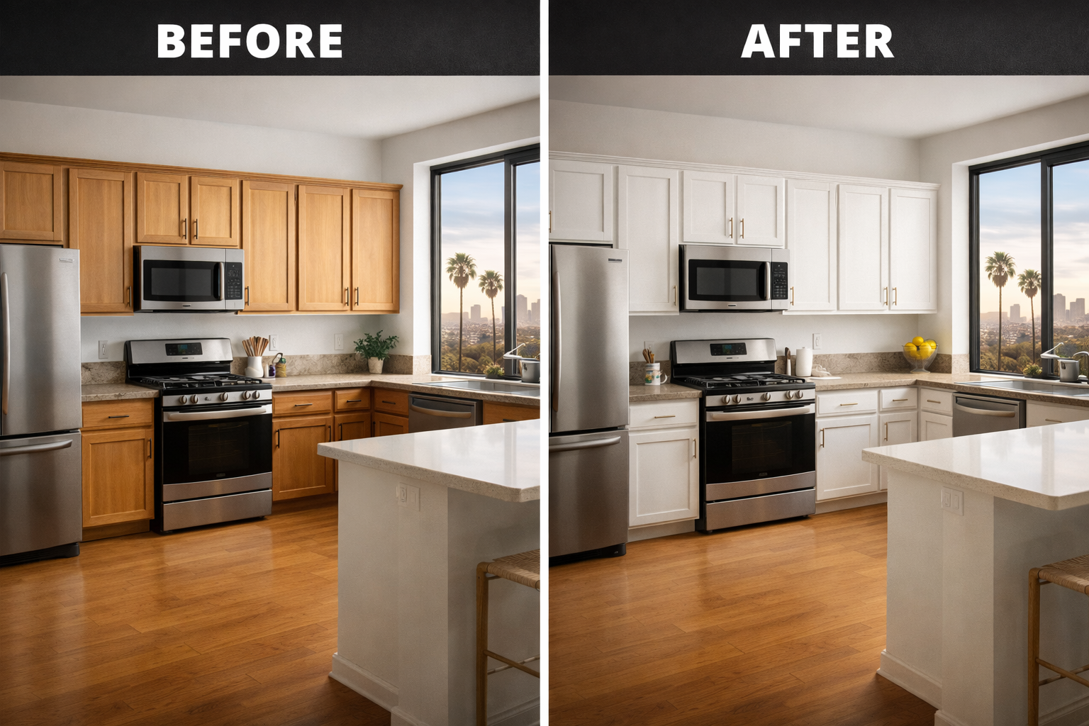 Cabinet painting before and after — Los Angeles kitchen