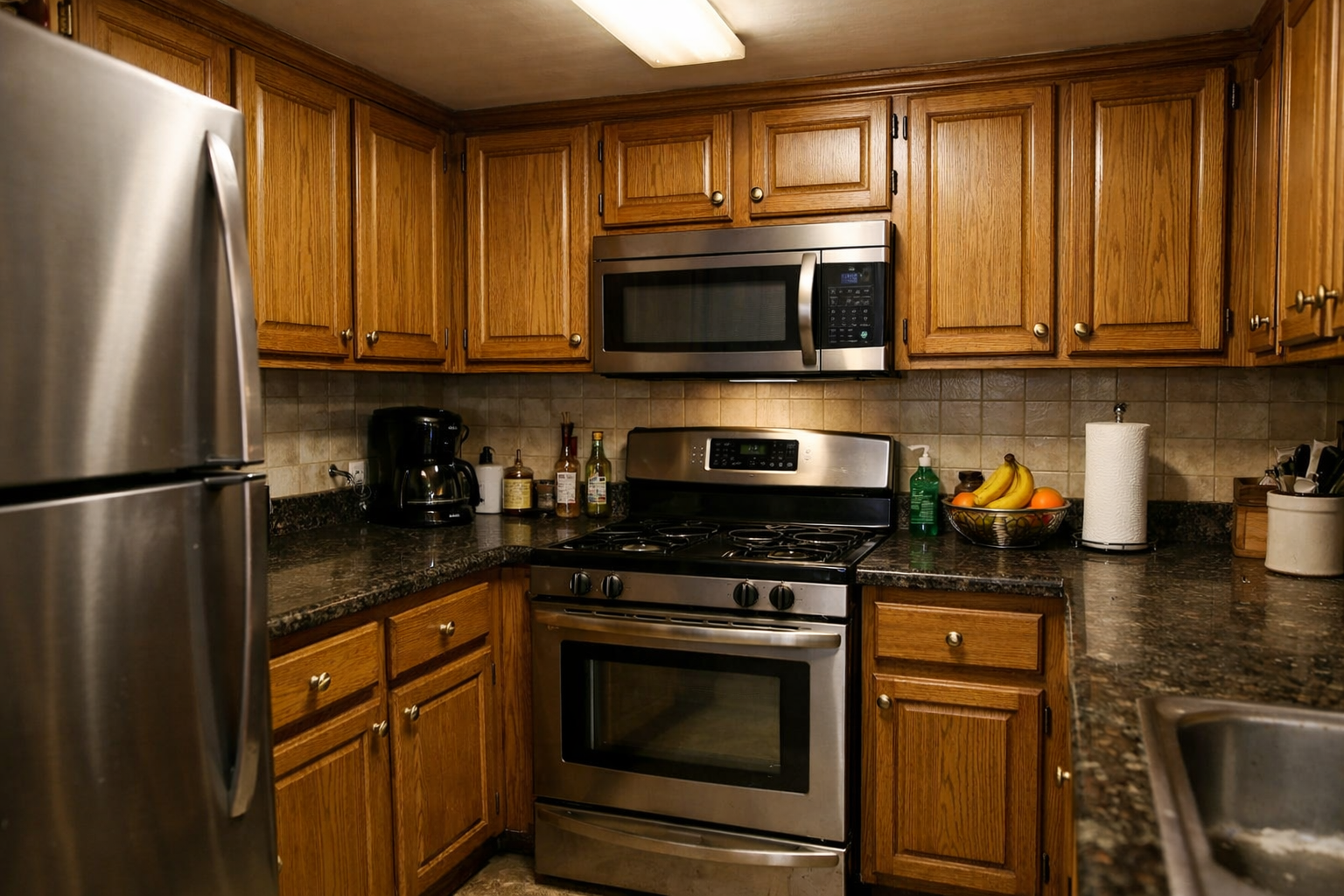 Kitchen cabinets before painting — honey oak finish, Los Angeles