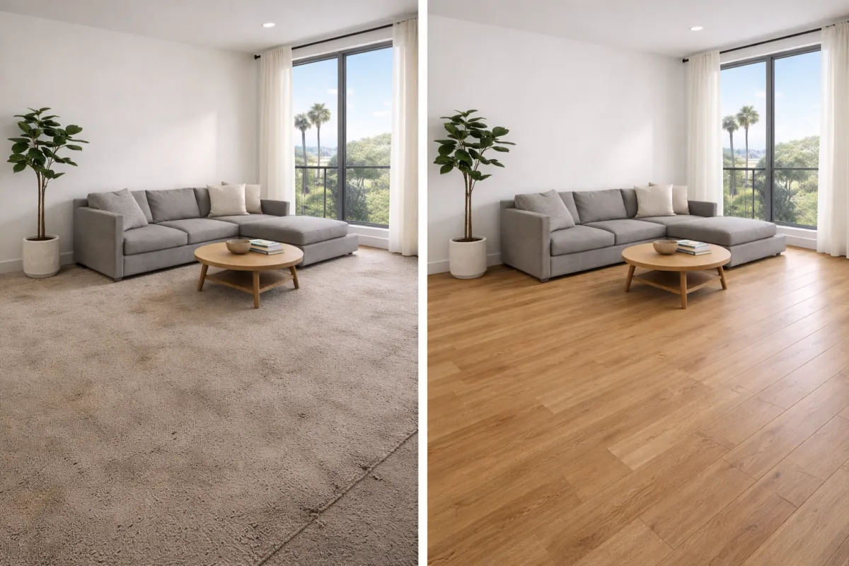 Flooring installation before and after — old floor replaced with new luxury vinyl plank