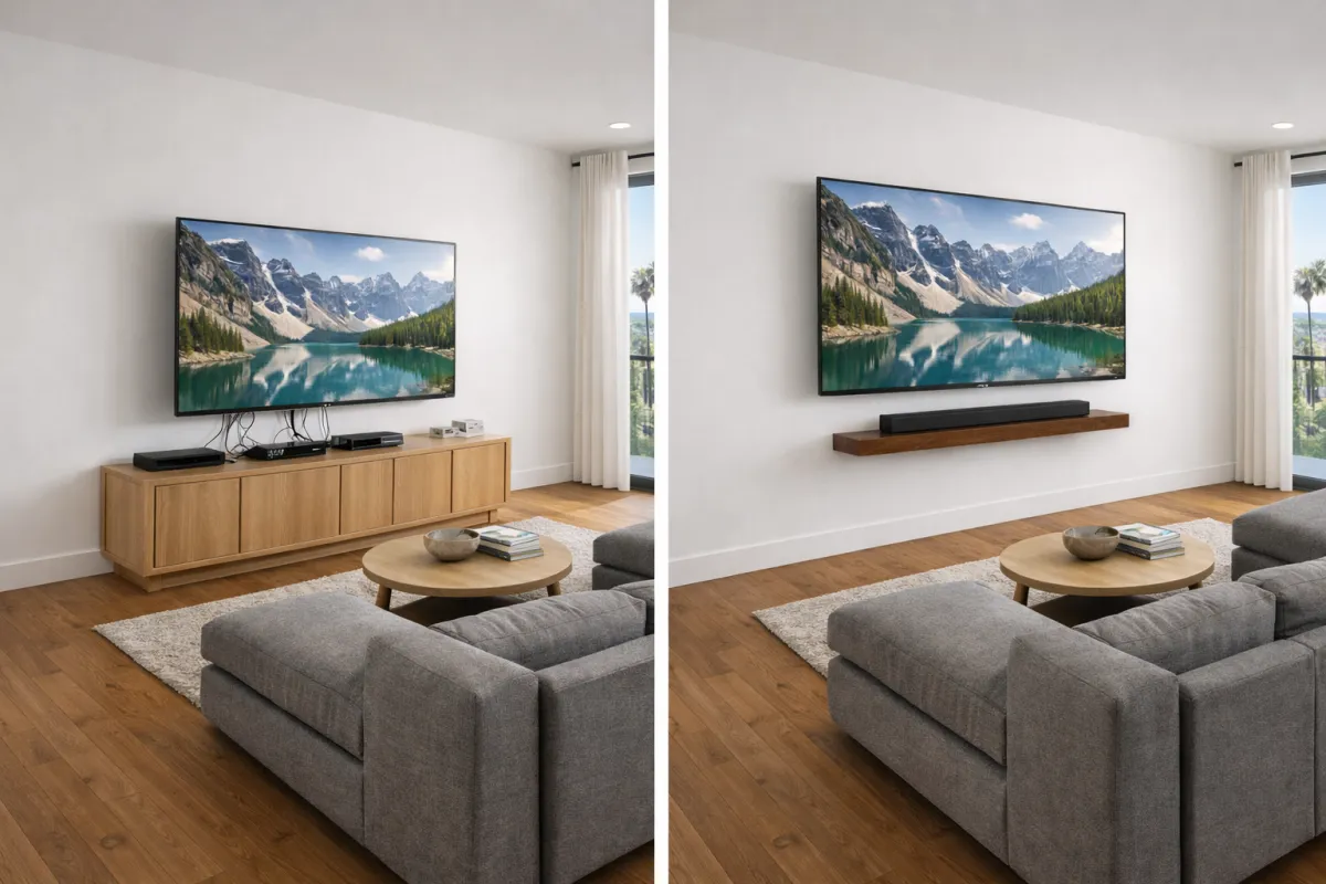 TV mounting before and after — clean wall-mounted TV installation in Los Angeles